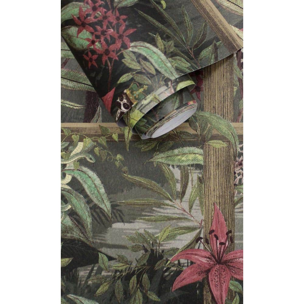 Light Wood Tropical Floral Foliage Non-Woven Wallpaper Double Roll