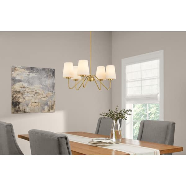 5-Light Gold Chandelier Light Fixture with White Glass Shades