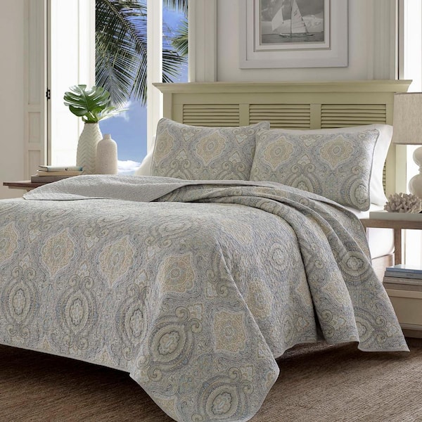 Tommy Bahama Turtle Cove 3-Piece Gray Paisley Cotton Full/Queen Quilt Set