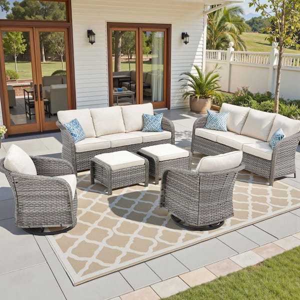 NestBarrel Light Gray Wicker Swivel Chair Patio Conversation Set with Olefin Beige 4 in. Thick Cushions (6-Piece)