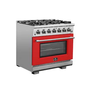 Capriasca 36 in. 5.36 cu. ft. Gas Range with 6 Gas Burners Oven in. Stainless Steel with Red Door