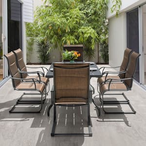 Brown 7-Piece Textilene and Iron Metal Rectangle Outdoor Dining Set with 1.57 in. Umbrella Hole