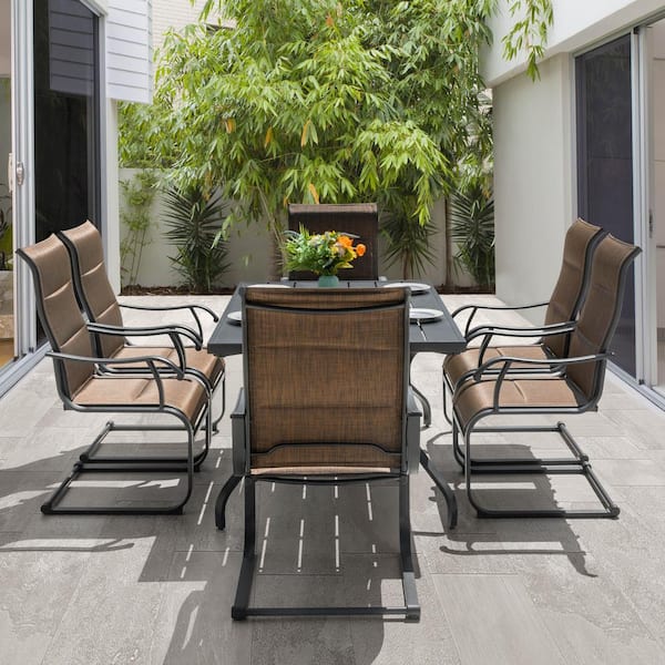 Nuu Garden Brown 7-Piece Textilene and Iron Metal Rectangle Outdoor Dining Set with 1.57 in. Umbrella Hole