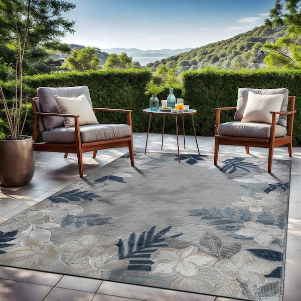 Eden  5 ft. x 7 ft. Blue Washable Border Floral Indoor Outdoor Area Rug