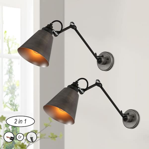 Uolfin Modern Brushed Black Wall Light,1-Light Farmhouse Kitchen Plug-In or Hardwired Swing Arm Wall Lamp (2 Pack)