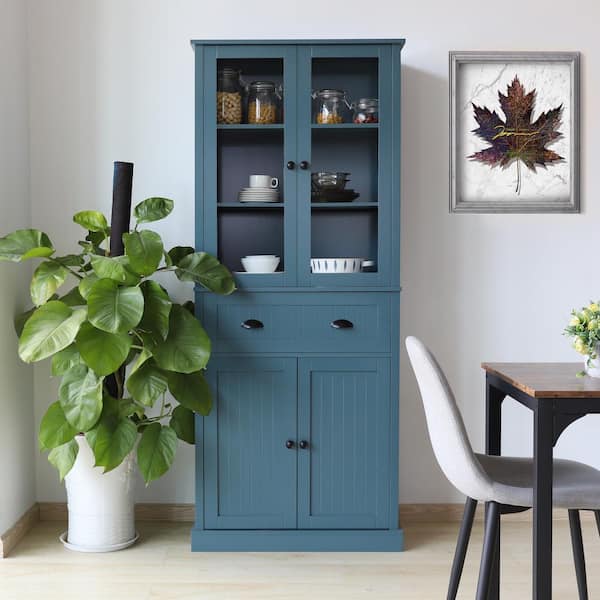 VEIKOUS Teal Blue Wood 31.5 in W Kitchen Pantry Cabinet Storage Hutch with  Adjustable Shelves, Buffet Cupboard & Microwave Stand HP0405-04BU-111 - The  Home Depot