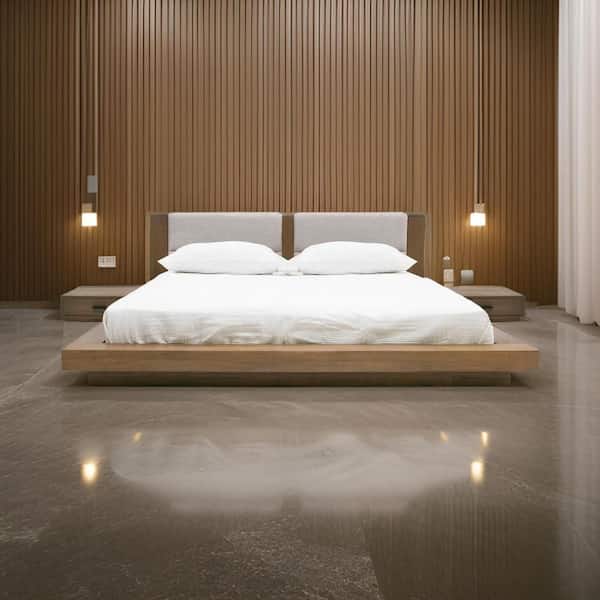 Noe Col Brown Wood Frame Queen Size Platform Bed with 2 Nightstands