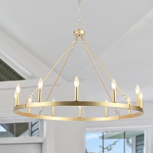 12-Light 38 in. W Vintage Gold Candle Wagon Wheel Chandelier for Dining Room Kitchen Bedroom Study