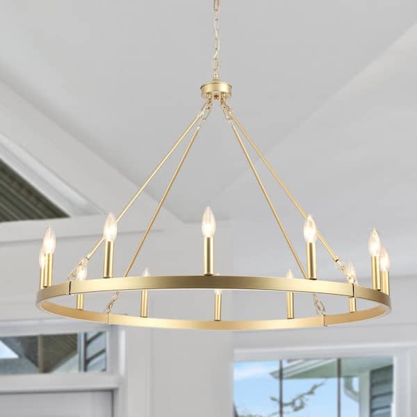 LWYTJO 12-Light 38 in. W Vintage Gold Candle Wagon Wheel Chandelier for Dining Room Kitchen Bedroom Study