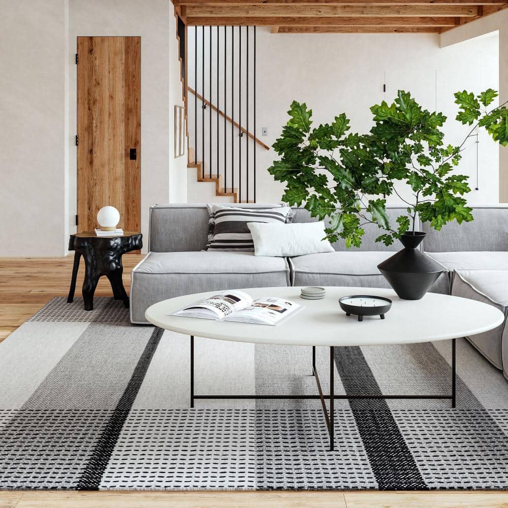 Gray and Black Plaid Wool Rectangular Area Rug 5' x 8'