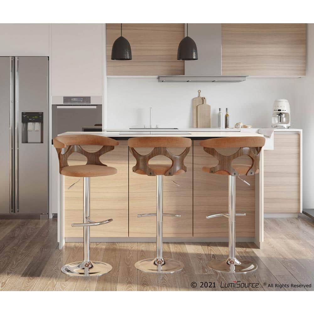 Walnut and Orange Leather Swivel Adjustable Barstool