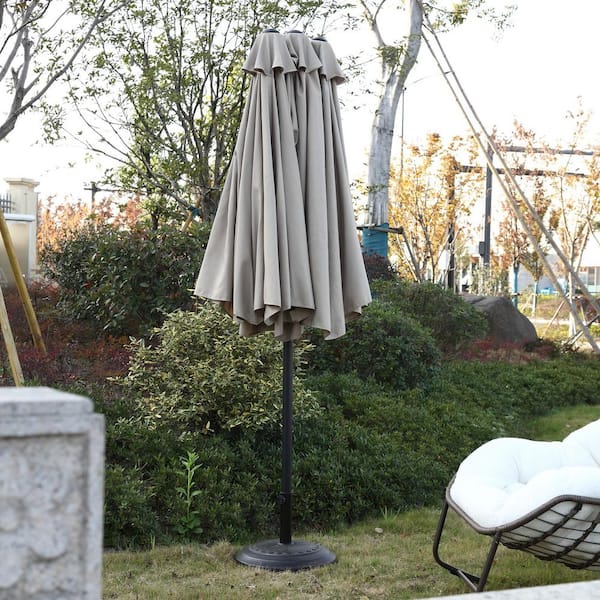 extra large patio umbrellas with stand 15ft Solar Double-Sided Twin Umbrella Led Lights and Base it comes with 36 LED lights (3 on each rib) powered by 3 solar panels Yardsight 15 ft. Double Sided