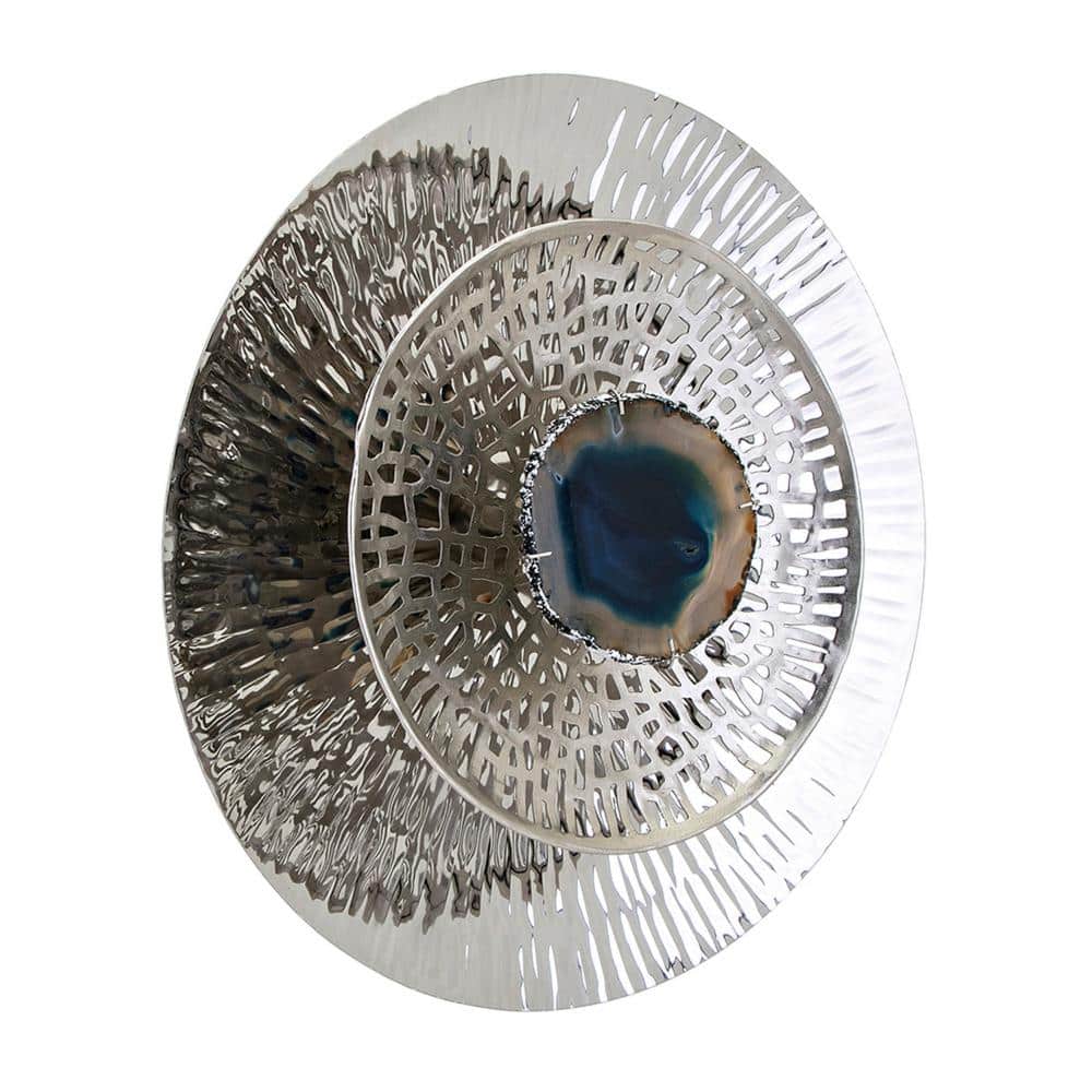 Silver and Blue Agate Textured Wall Art Discs Set