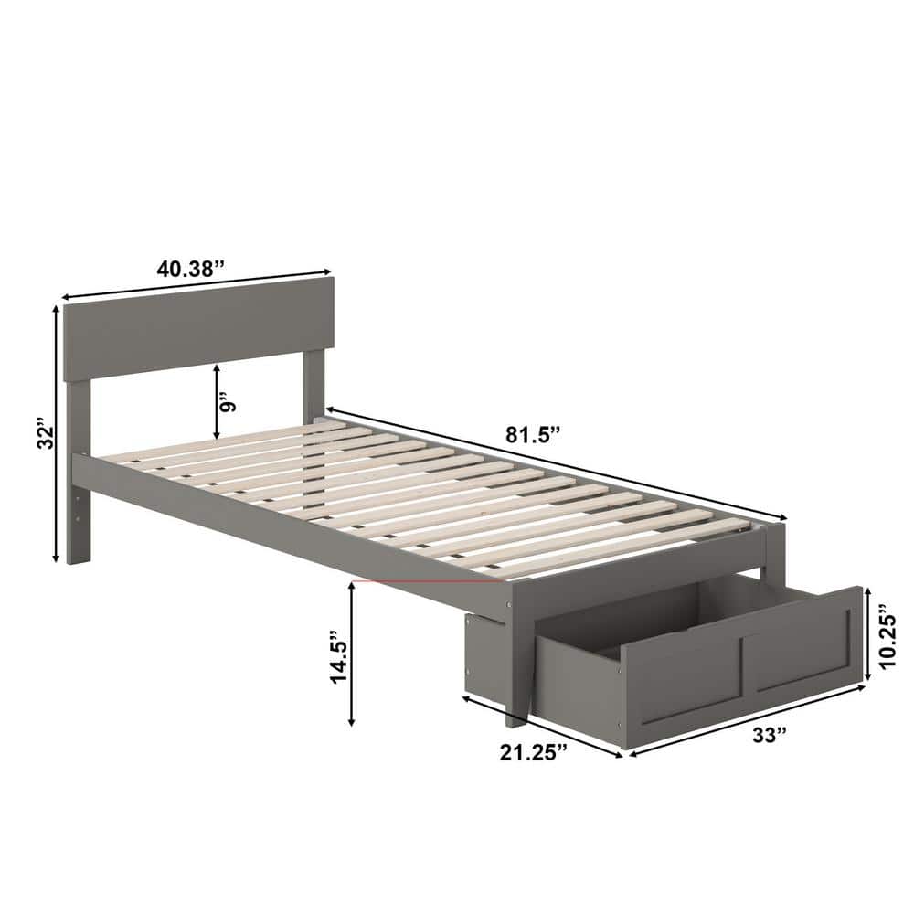 Boston Twin XL Gray Solid Wood Platform Bed with Storage Drawer