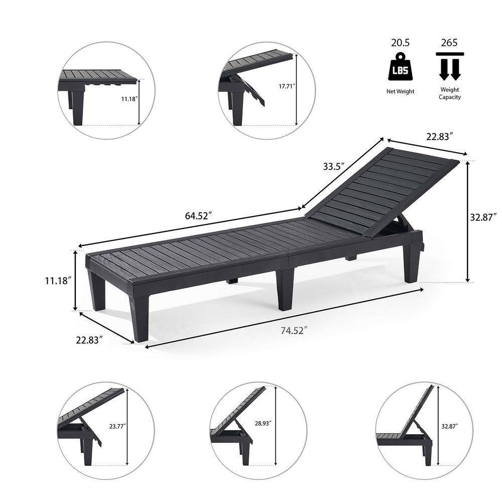 Black Adjustable Polypropylene Outdoor Chaise Lounge Set of 4