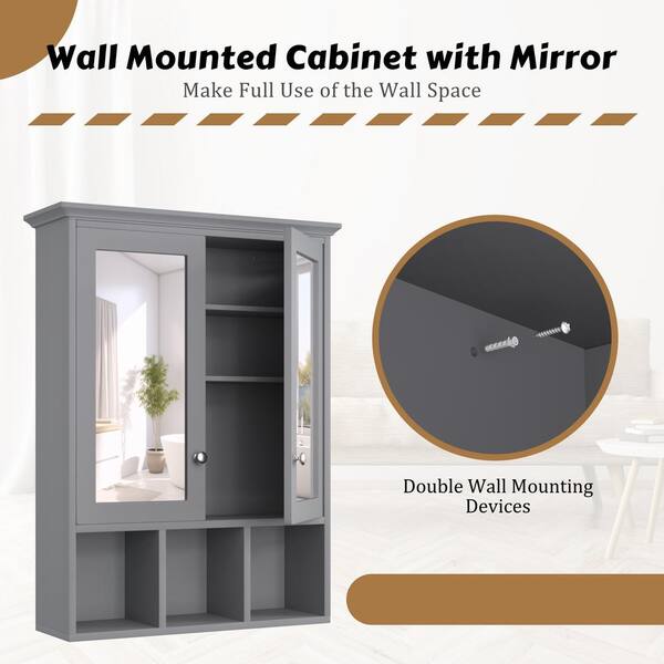 VEIKOUS 23.6 in. W x 30.4 in. H Rectangular Surface-Mount Bathroom Medicine Cabinet with Mirrors and Shelves in Gray