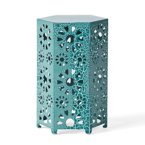 Noble House Wanda 14 in. Crackle Teal Outdoor Patio Side Table