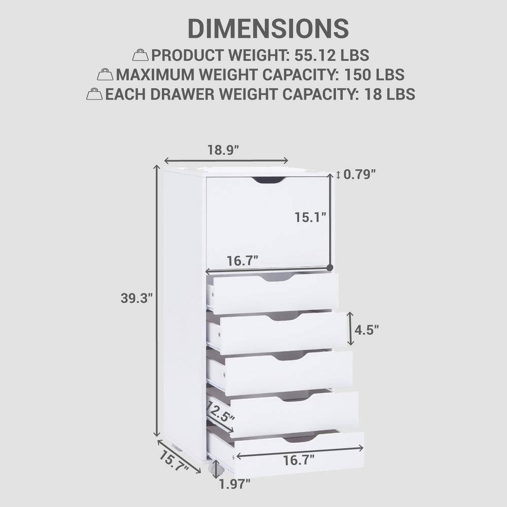White 6-Drawer Mobile Lateral File Cabinet with Wheels