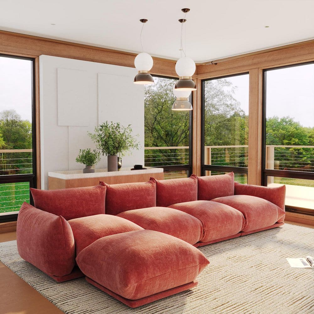 131 in. Flared Arm Chenille 5-Piece Overstuffed Modular Cozy Floor Sectional Sofa with Extra Deep Seats in Burnt Orange