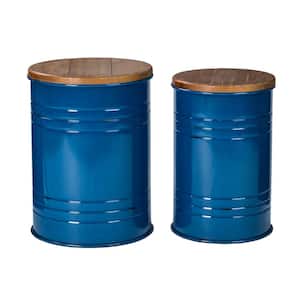 14.5 in. W Blue Round Wood Storage End Table or Accent Table or Stool with Solid Wood Lid (2-Pack)