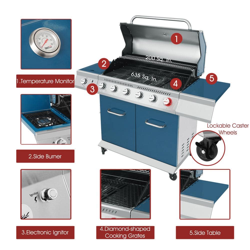 Blue 6-Burner Propane Gas Grill with Side Burner