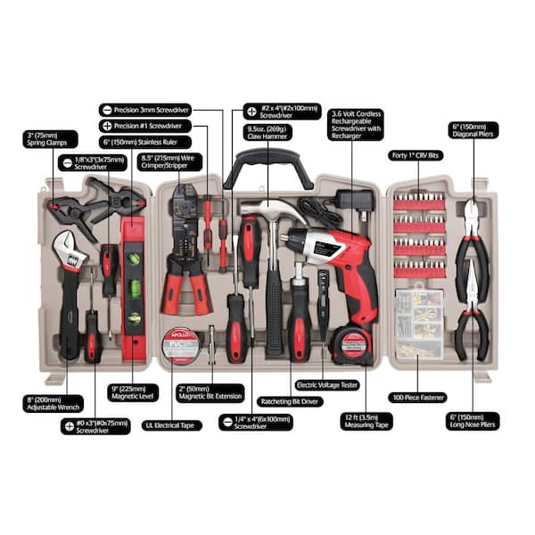 Apollo Home Tool Kit with 3.6-Volt Li-Ion Cordless Screwdriver,(161-Pieces)  DT0739 The Home Depot