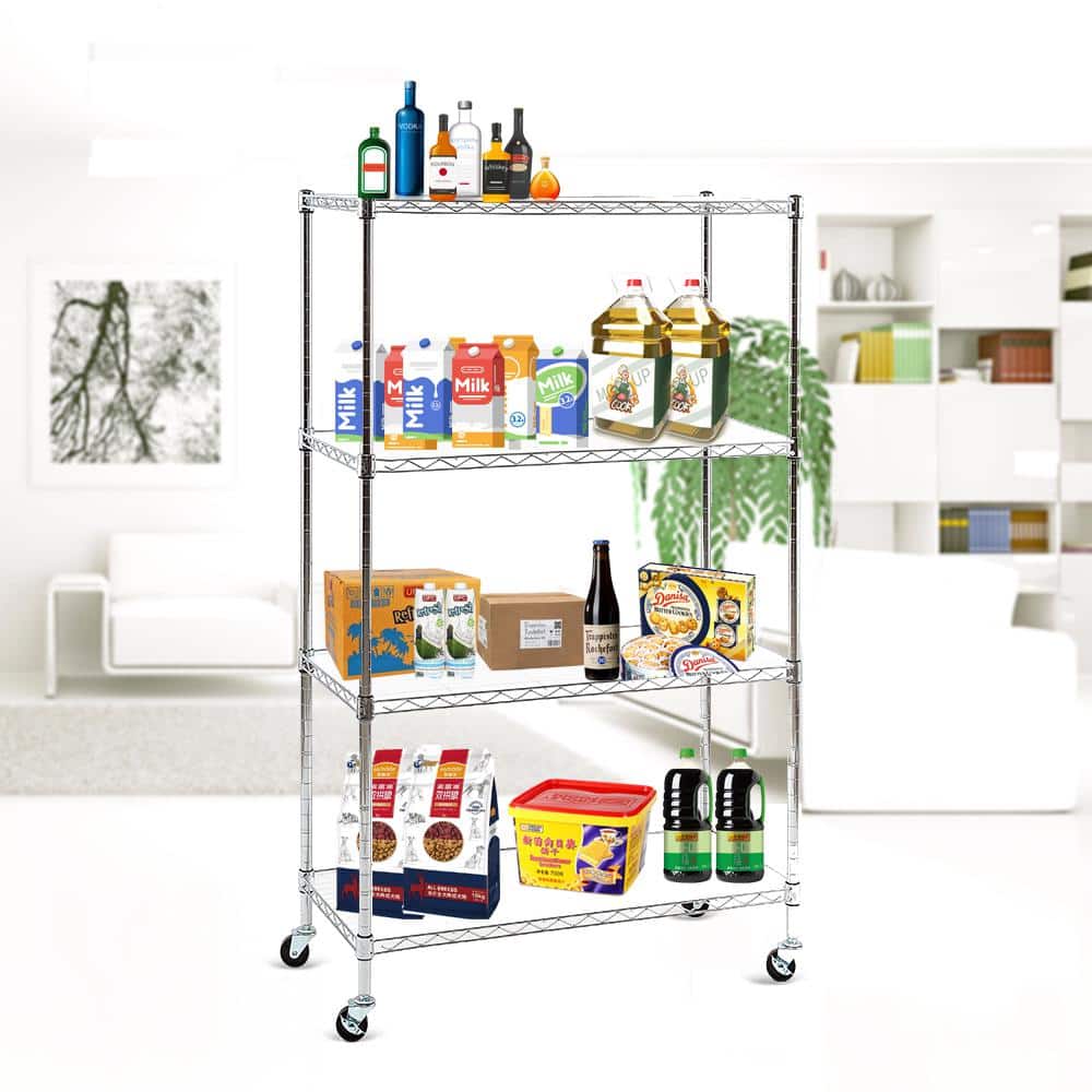 Chrome 4-Shelf Adjustable Steel Wire Shelving Unit with Wheels