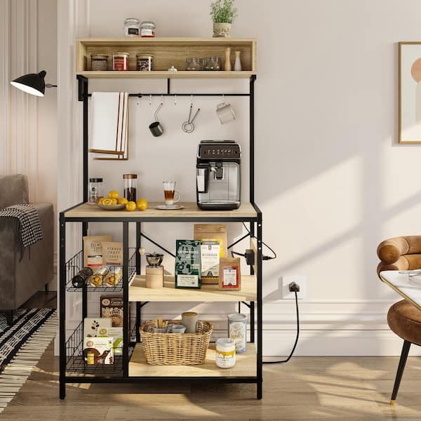 33.3in Oak Kitchen Baker's Rack with Power Outlet, Paper Towel Holder, Wire Basket, 10 S Hooks, and Towel Rod