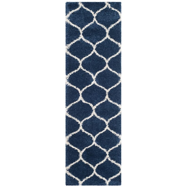 Hudson Shag 2 ft. x 20 ft. Navy/Ivory Geometric Trellis Runner Rug