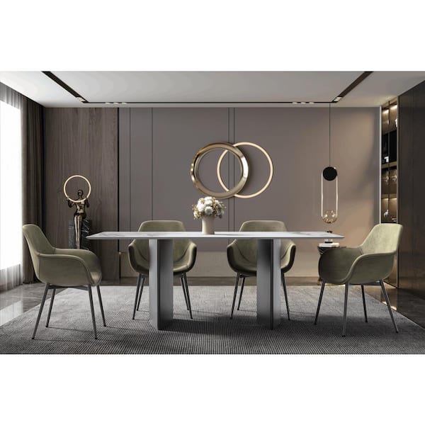 Leisuremod Liro Modern Medium Grey Rectangular Sintered Stone 62 in. Stainless Steel Double Pedestal Base Dining Table Seats 6