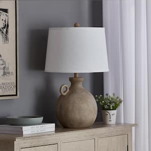 Cleveland 24 in. Brown Resin Traditional Urn Table Lamp with White Linen Shade and USB Port