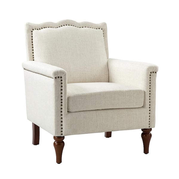 JAYDEN CREATION Darius Ivory Mid-Century Modern Armchair with Solid Wood Legs and Nailhead Trim