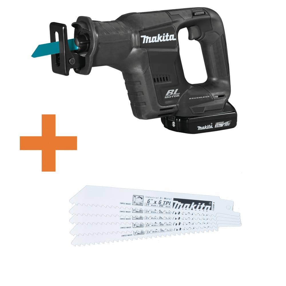 Makita 18V LXT Sub-Compact Lithium-Ion Brushless Recipro Saw Kit (2.0 Ah)  with Bonus in. Wood Cutting Saw Blade (5-Pack) XRJ07R1B-723058 The Home  Depot
