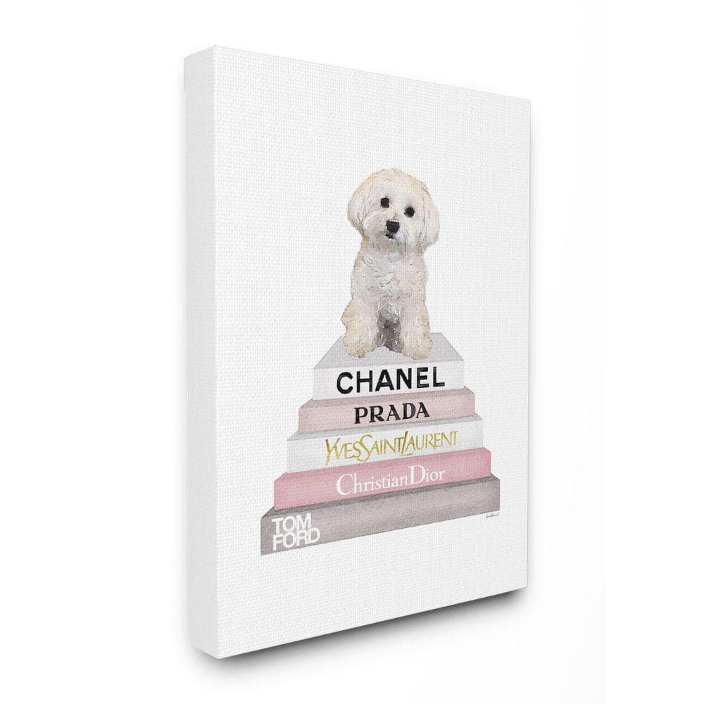 Stupell Industries Black Puppy with Pink Bow on Glam Book Stack Wall Art, 10 x 15, White