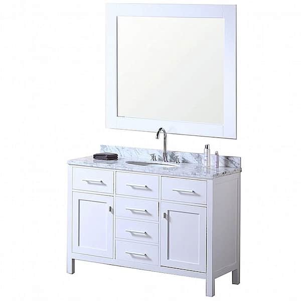 Design Element London 48 in. W x 22 in. D Vanity in Pearl White with Marble Vanity Top and Mirror in Carrera White