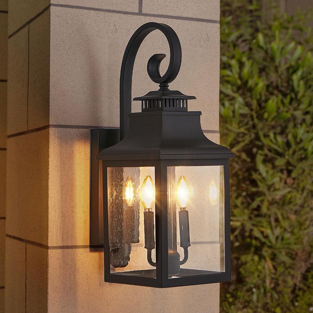 Black 2-Light Outdoor Hardwired Wall Lantern Sconce Outdoor Porch