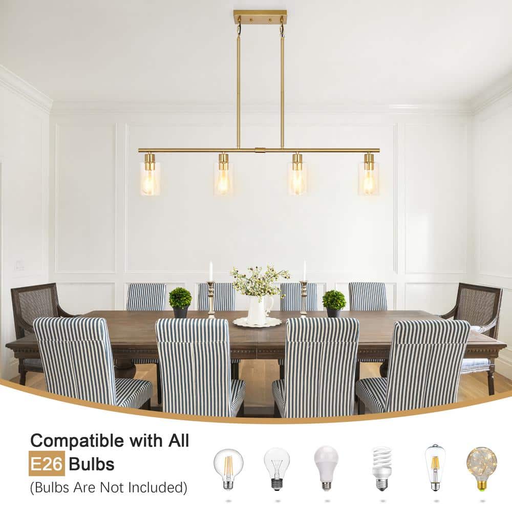 Golden Linear Metal Chandelier with Clear Glass Shades