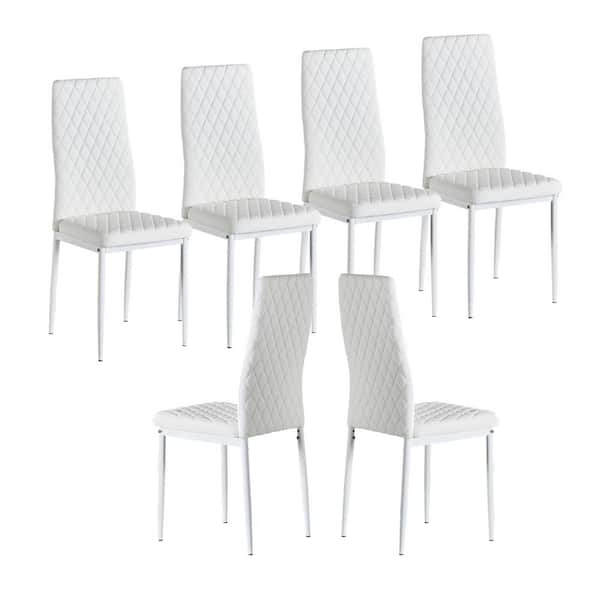 HOMEFUN White Modern Leather Upholstered Diamond Grid Pattern Dining Chair with Metal Legs (Set of 6)