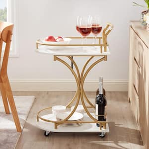 2-Tier Mobile Golden and White Faux Marble Bar Serving Cart with Wheels and Handle