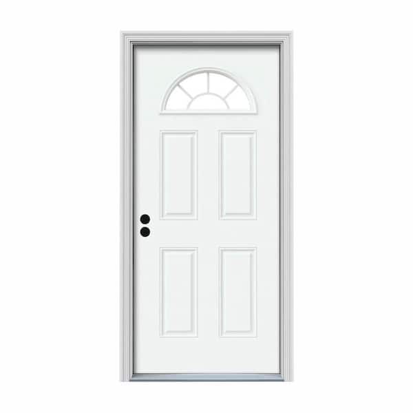 34 in. x 80 in. Fan Lite White Painted Steel Prehung Right-Hand Inswing Front Door w/Brickmould