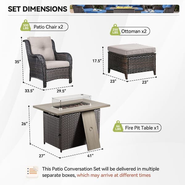 Arcline 5-Piece Brown Wicker Fire Pit Conversation Set with Olefin Beige Cushions and Lounge Chairs and Ottoman