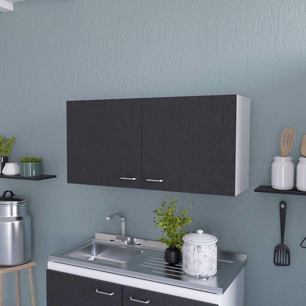 Amucolo 39.3 in. W x 12.6 in. D x 19.3 in. H White and Smokey Gray Ready to Assemble Wall Kitchen Cabinet with Double Doors