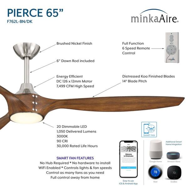 MINKA-AIRE Pierce-65 65 in. Smart Indoor Brushed Nickel Low