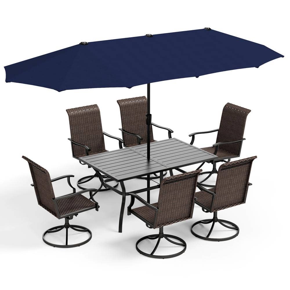 PHI VILLA 8Piece Wicker Outdoor Dining Set with Umbrella and Swivel
