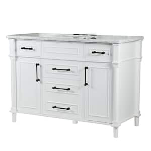 48 in. W x 22 in. D x 36 in. H Single White Basin Bathroom Vanity in White with White Marble Top and Black Hardware
