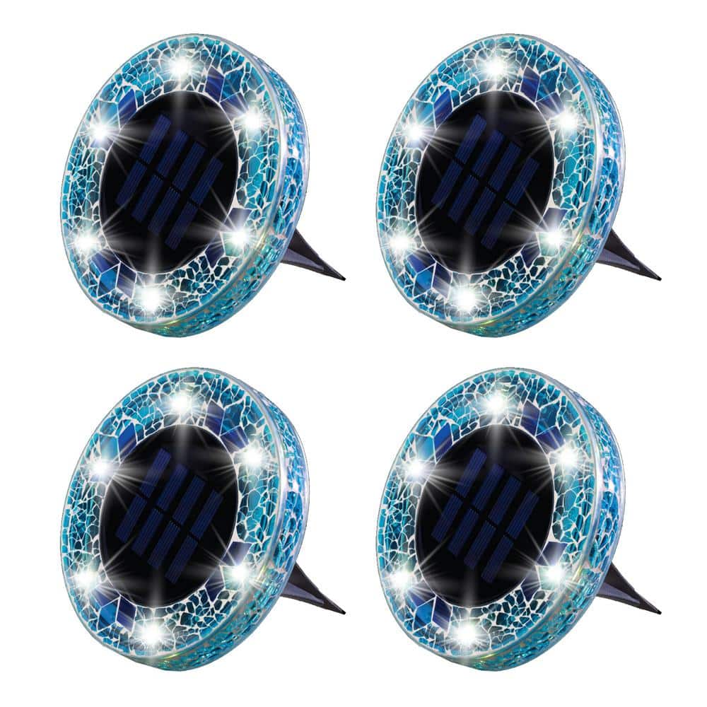 Blue Mosaic Solar Powered LED Disk Lights Set of 4