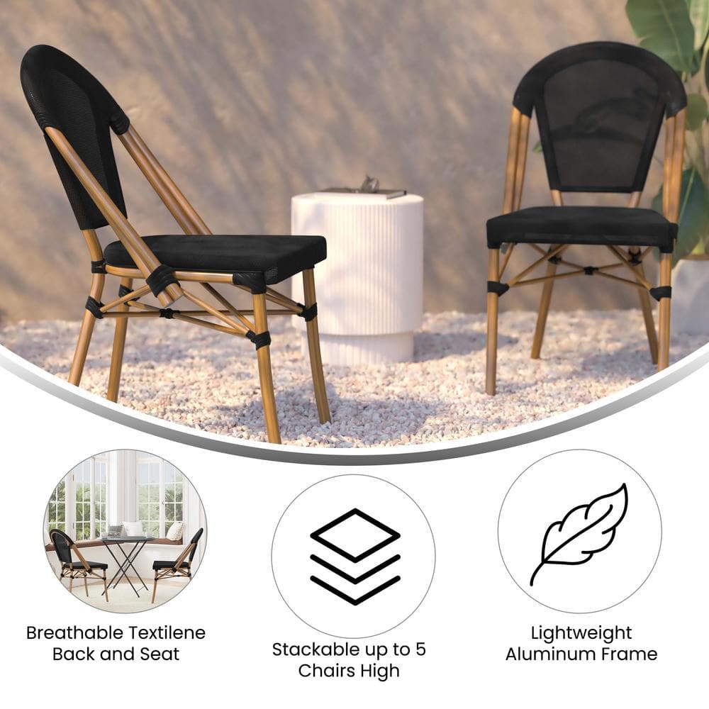 Black and Natural Armless Stacking Bistro Chairs with Metal Frame, Set of 2