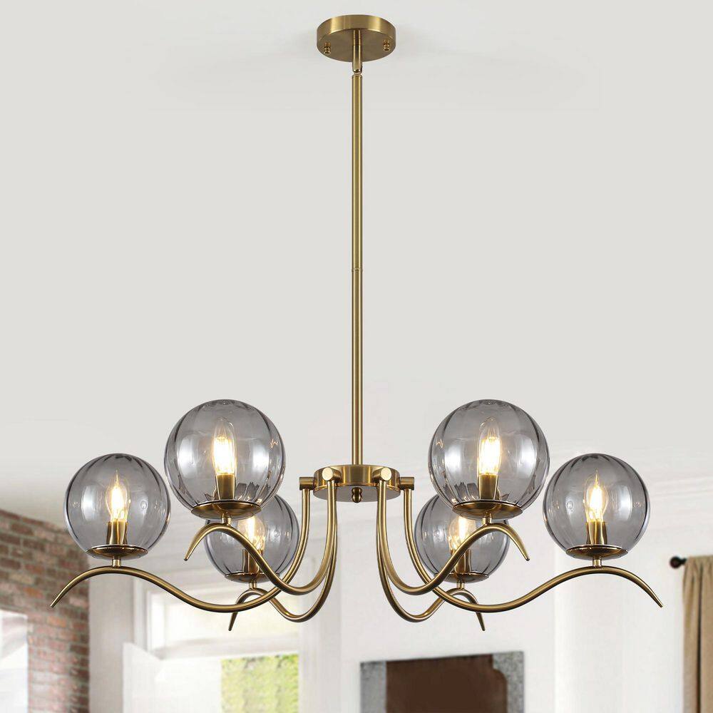 33.85 in. 6-Light Brass Modern Shaded Wagon Wheel Chandelier with Round Glass Shades for Dining Living Room price history on PriceWatchPro
