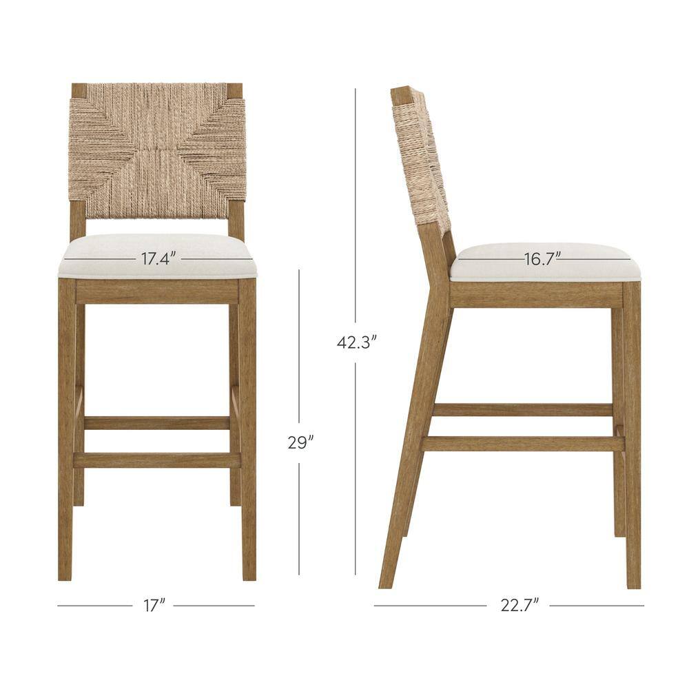 Beacon Light Brown Wood Bar Stools with Woven Backrest, Set of 4