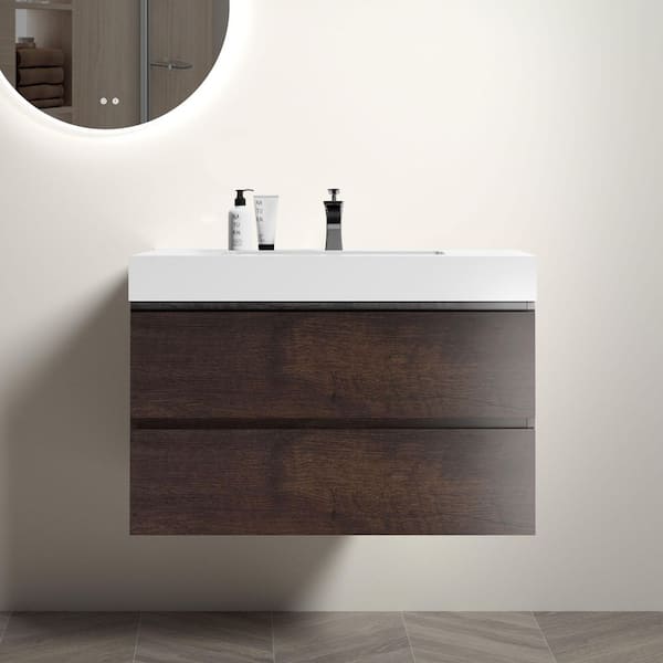 36 in. Single Sink Floating Walnut Bath Vanity with White Ceramic Top (Assembled), Rosewood Elegance